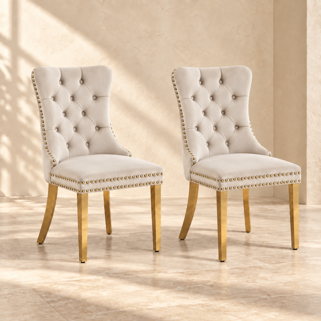 Elara beige velvet and gold dining chairs, set of two, in a warm neutral interior