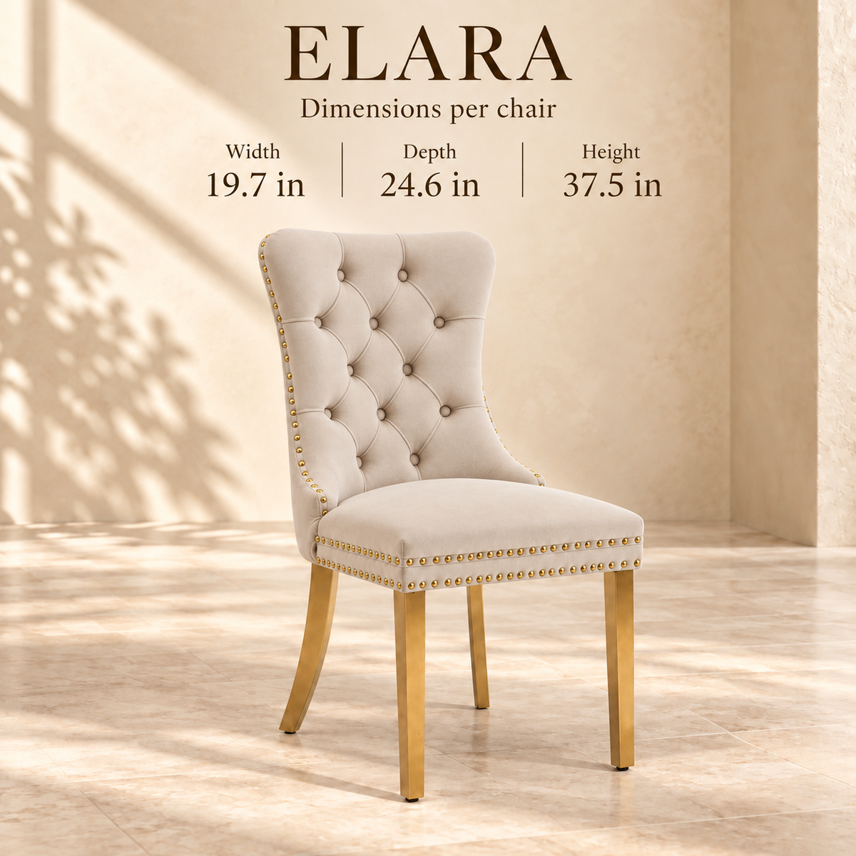 Elara chair dimensions: 19.7 inches wide, 24.6 inches deep and 37.5 inches high
