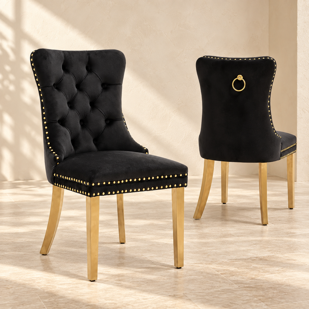 Front and rear views of Elara black and gold dining chairs with decorative ring pulls