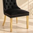 Elara chair seat detail with two rows of gold nailheads and gold-tone legs