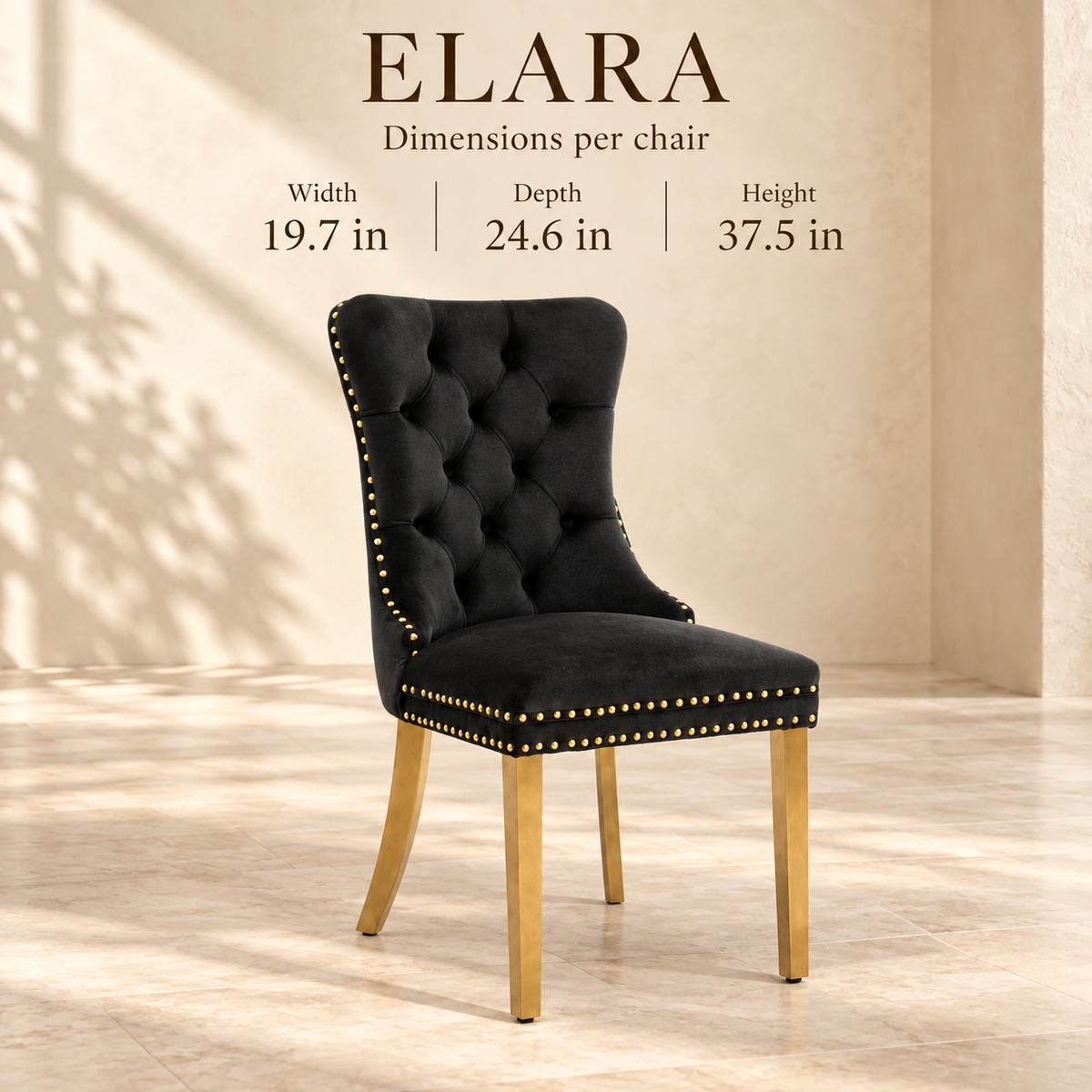 Elara chair dimensions: 19.7 inches wide, 24.6 inches deep and 37.5 inches high