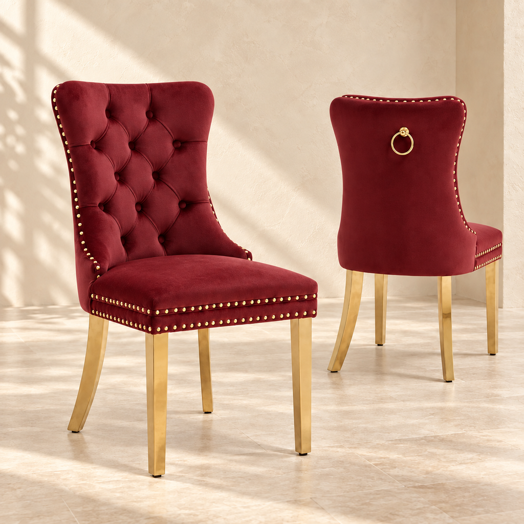 Front and rear views of Elara burgundy and gold dining chairs with decorative ring pull