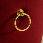 Polished gold ring pull on the burgundy velvet back of an Elara chair