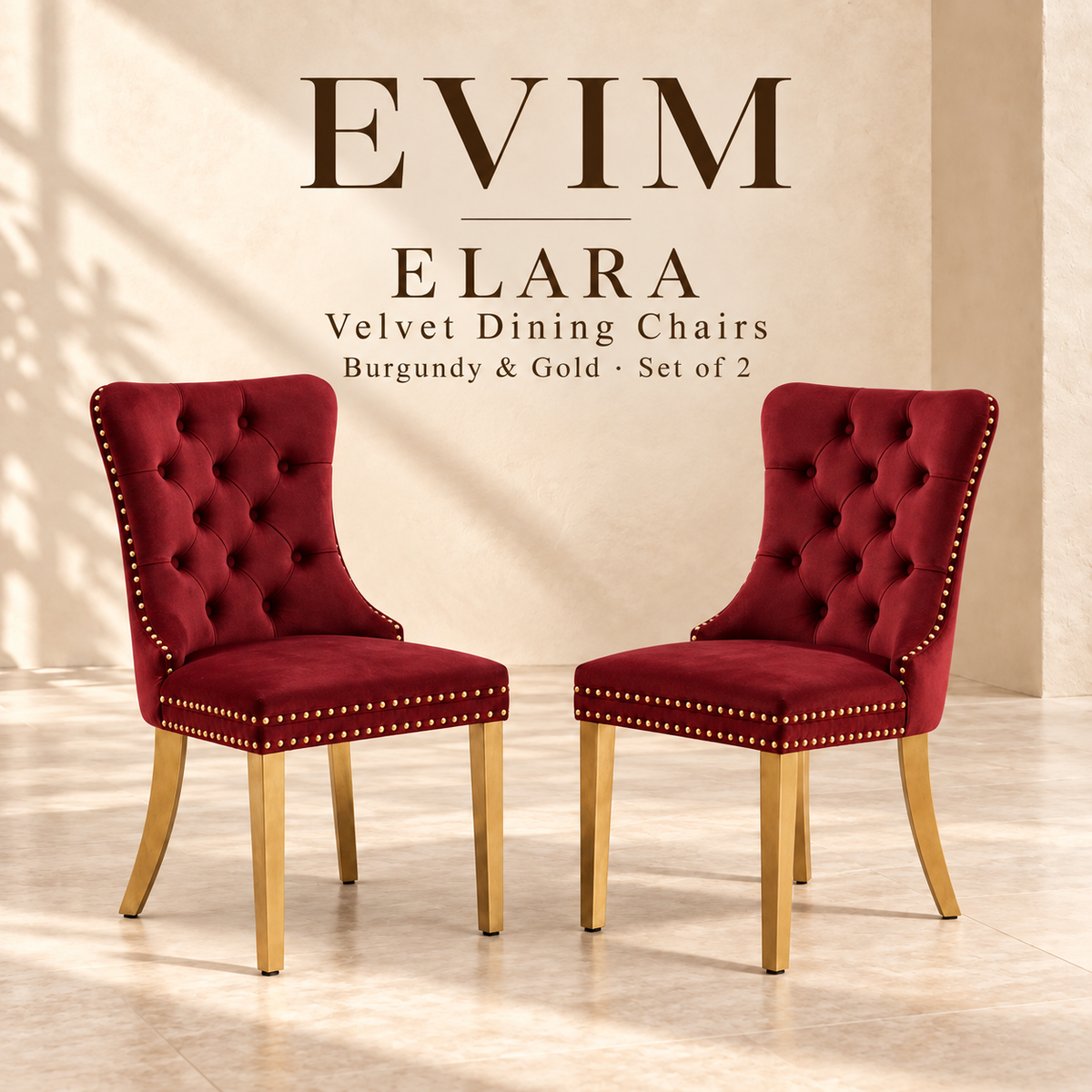 EVIM Elara burgundy and gold velvet dining chairs, set of two