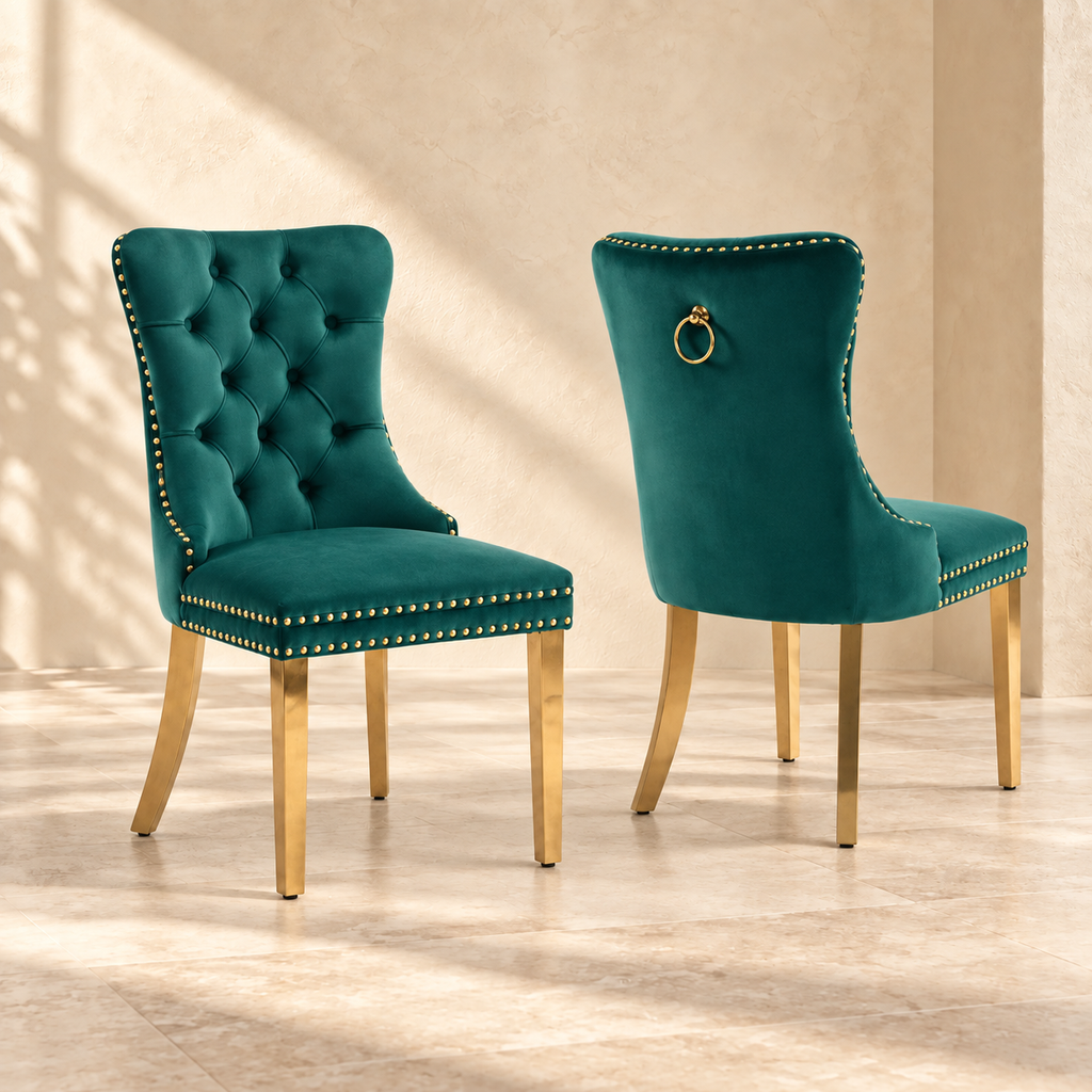 Front and rear views of Elara green and gold dining chairs with decorative ring pulls