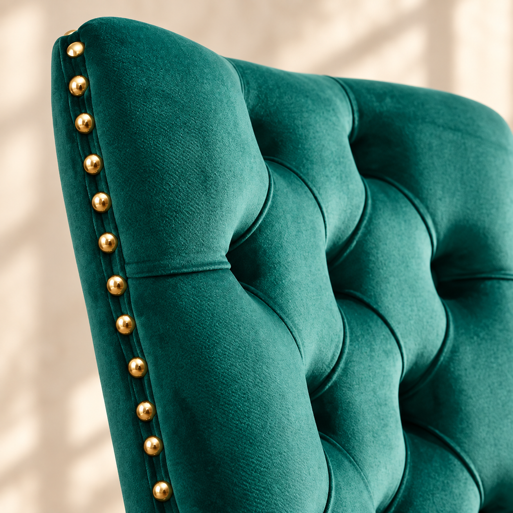 Close-up of Elara green velvet tufting and gold nailhead trim