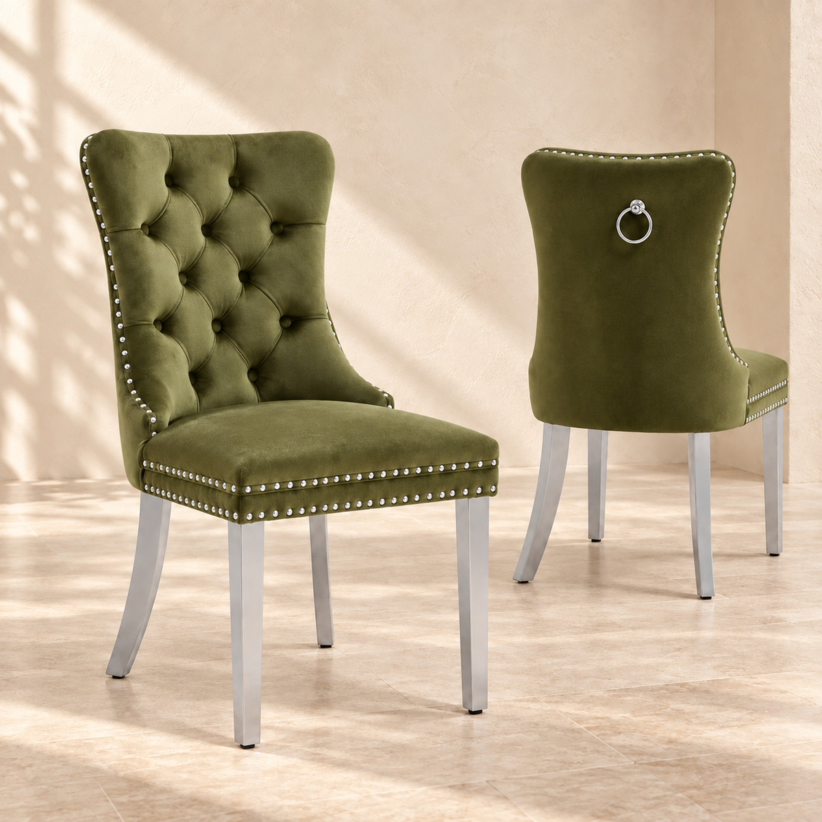 Front and rear views of Elara olive and chrome dining chairs with decorative ring pulls