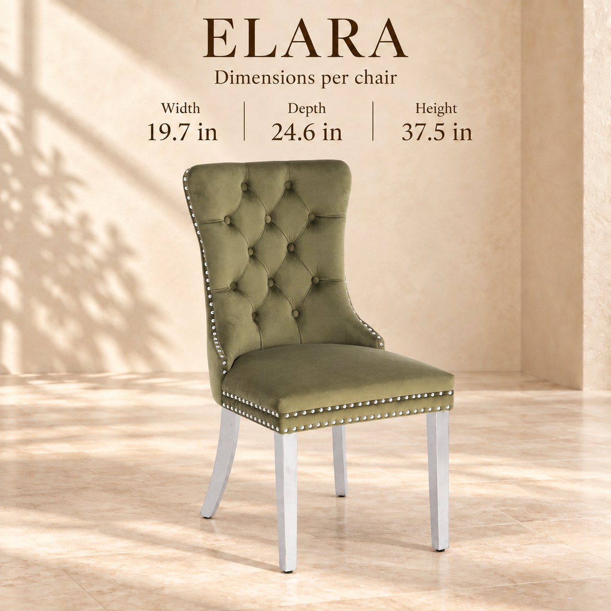 Elara chair dimensions: 19.7 inches wide, 24.6 inches deep and 37.5 inches high