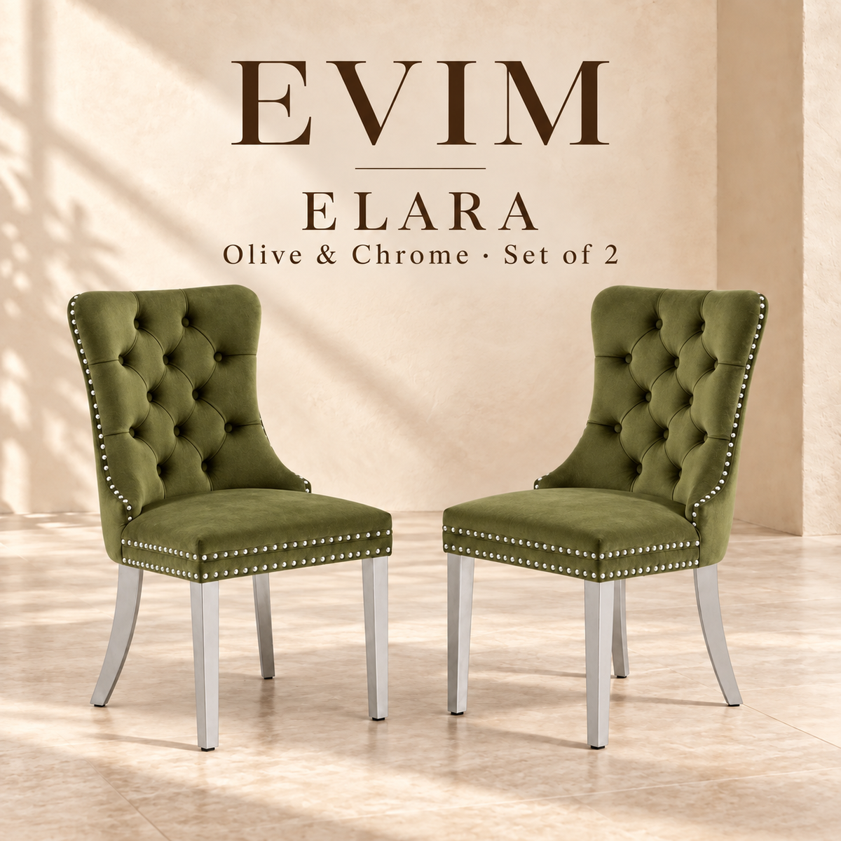 EVIM Elara olive and chrome velvet dining chairs, set of two