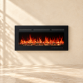Ember 36-inch black electric fireplace mounted on a cream plaster wall