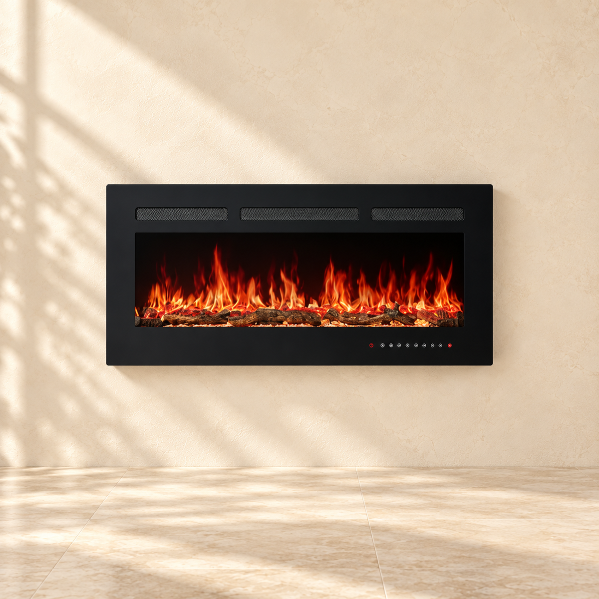 Ember 36-inch black electric fireplace mounted on a cream plaster wall