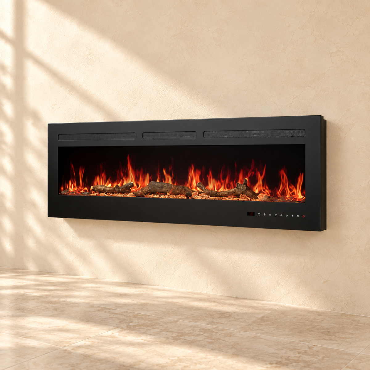 Ember 50-inch black electric fireplace shown at a slight angle