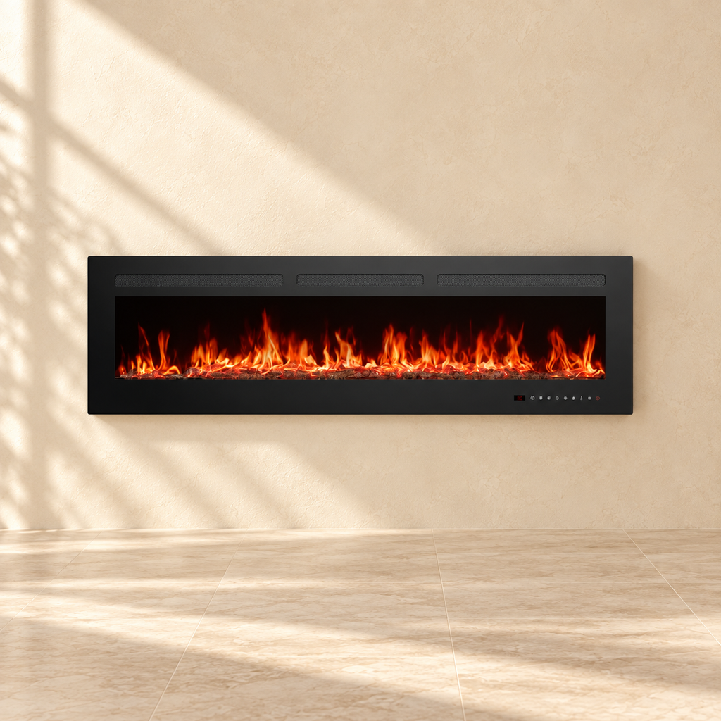 Ember 60-inch black electric fireplace with a wide flame window