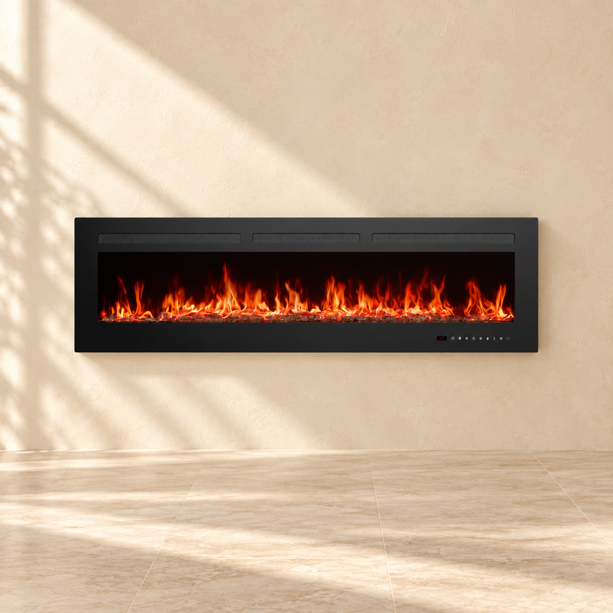 Ember 60-inch black electric fireplace with a wide flame window