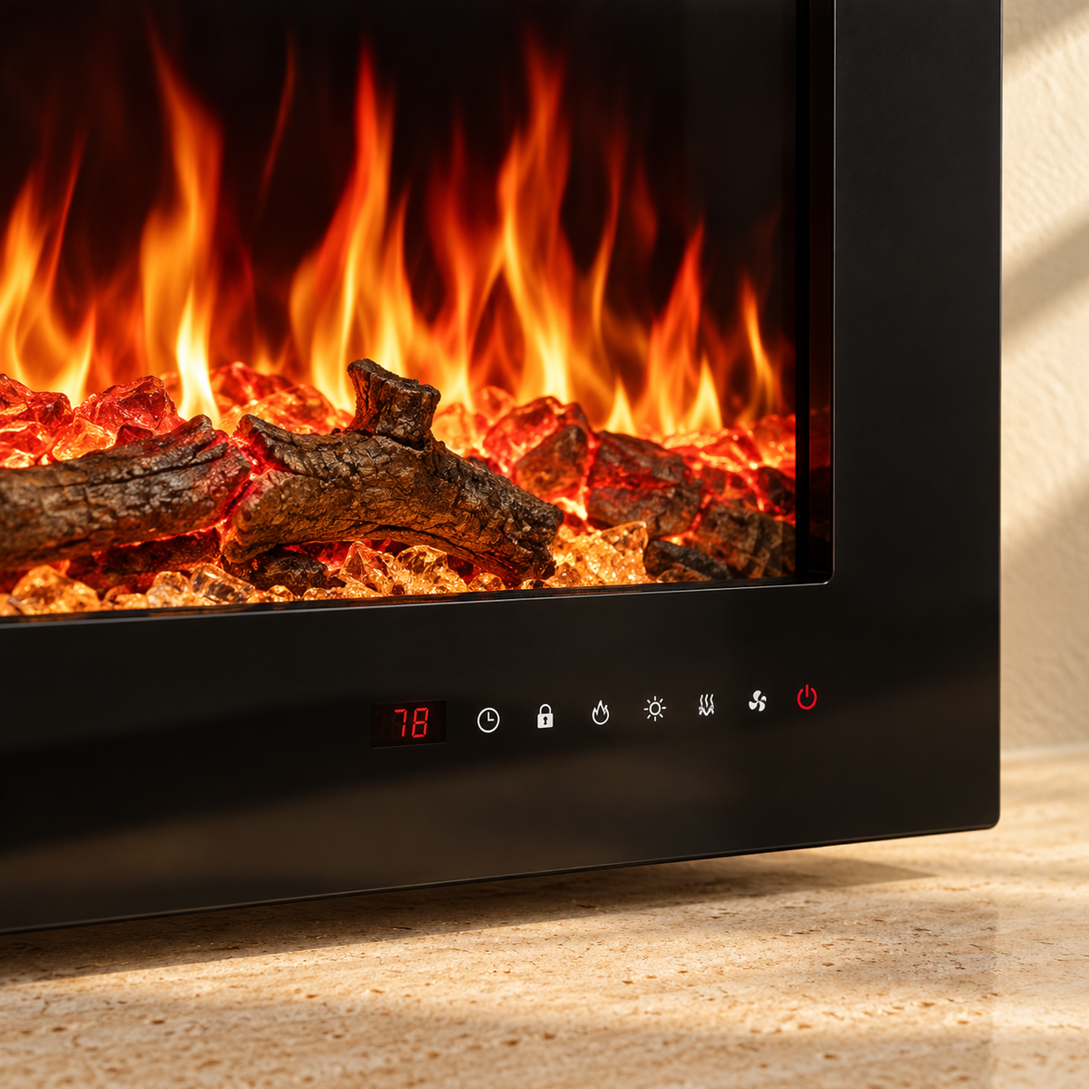 Ember electric fireplace illuminated ember bed and touch-control detail