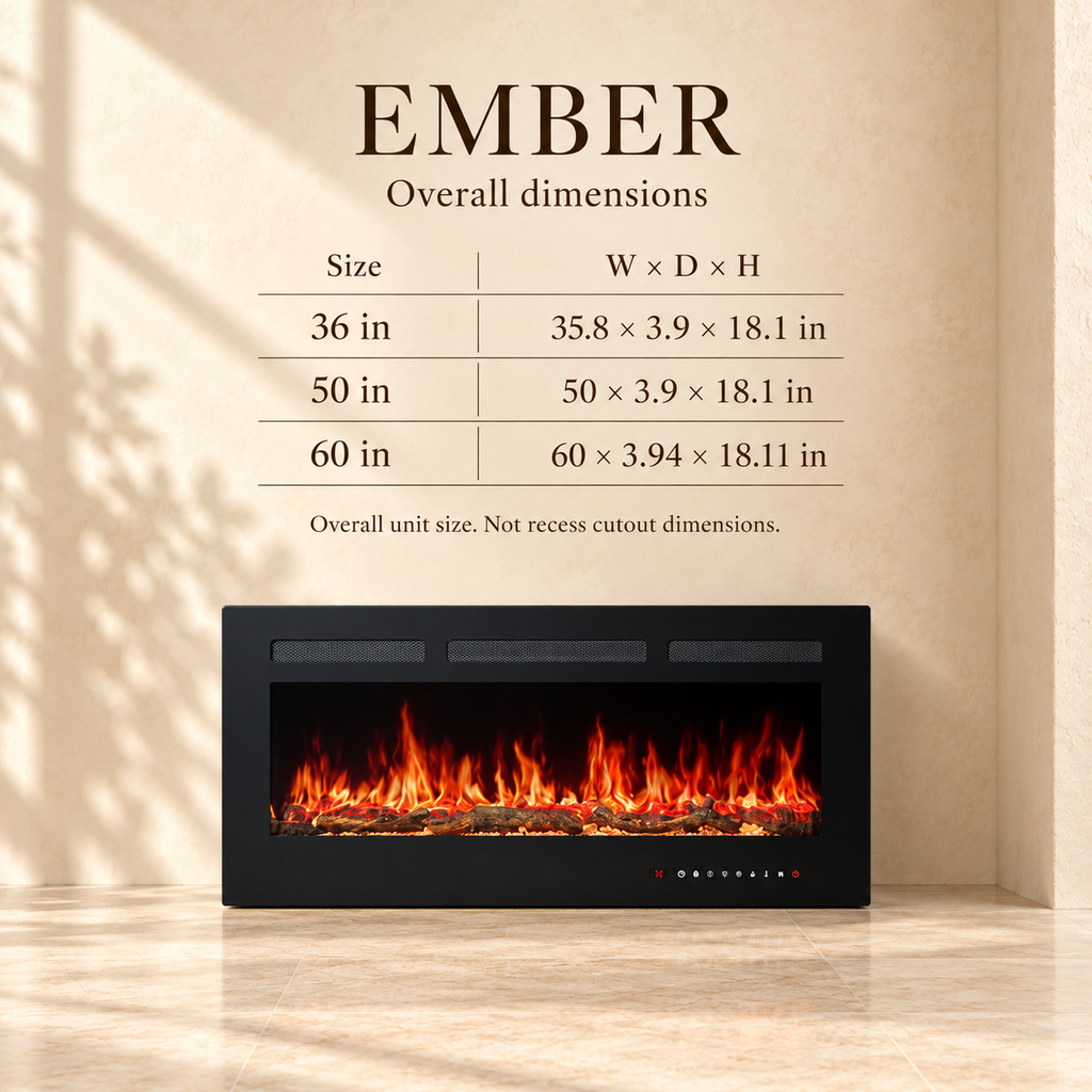 Ember overall dimensions for 36, 50 and 60-inch electric fireplaces