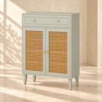 Fern mint-green rattan storage cabinet with a top drawer and gold-tone knobs