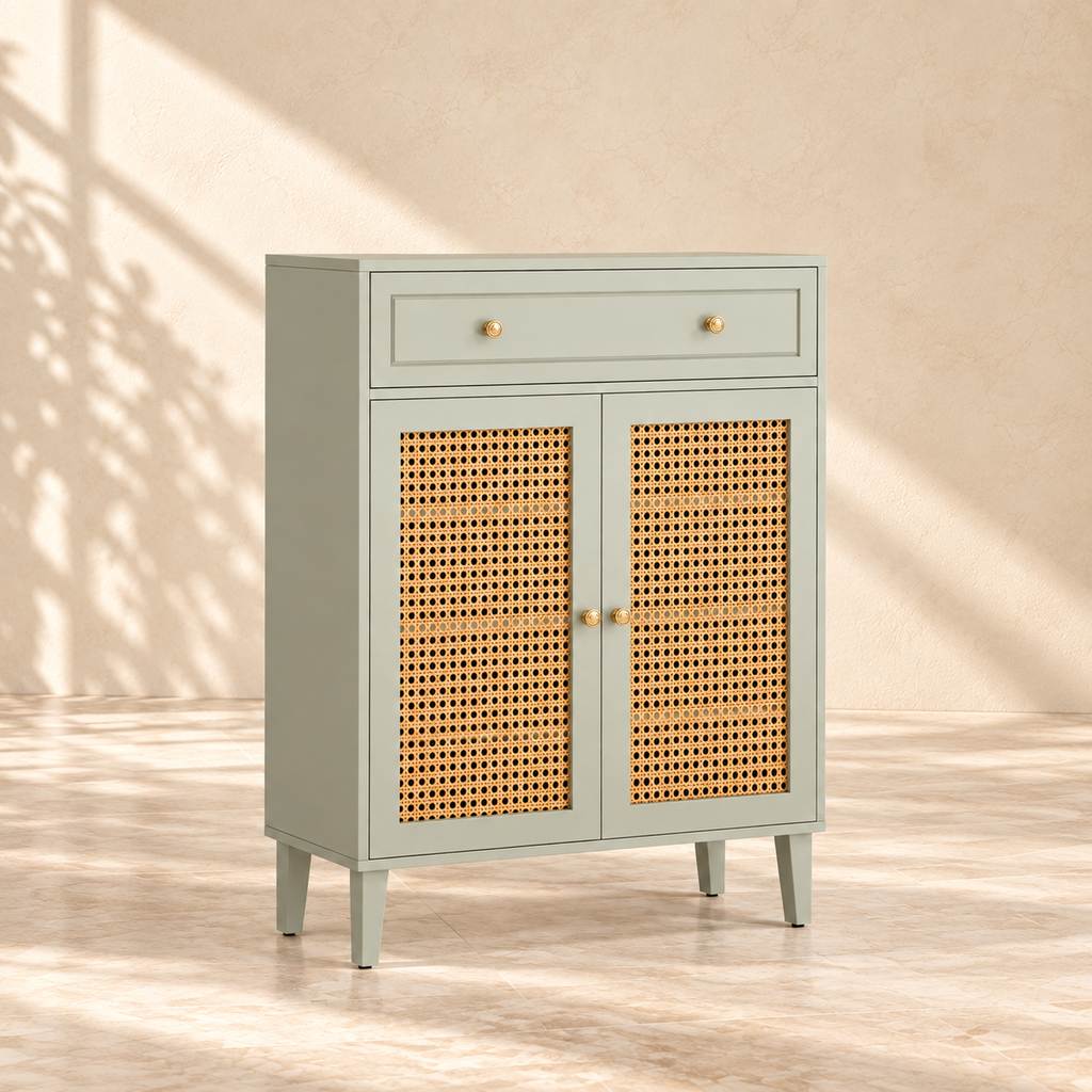 Fern storage cabinet angled view showing the side and woven doors