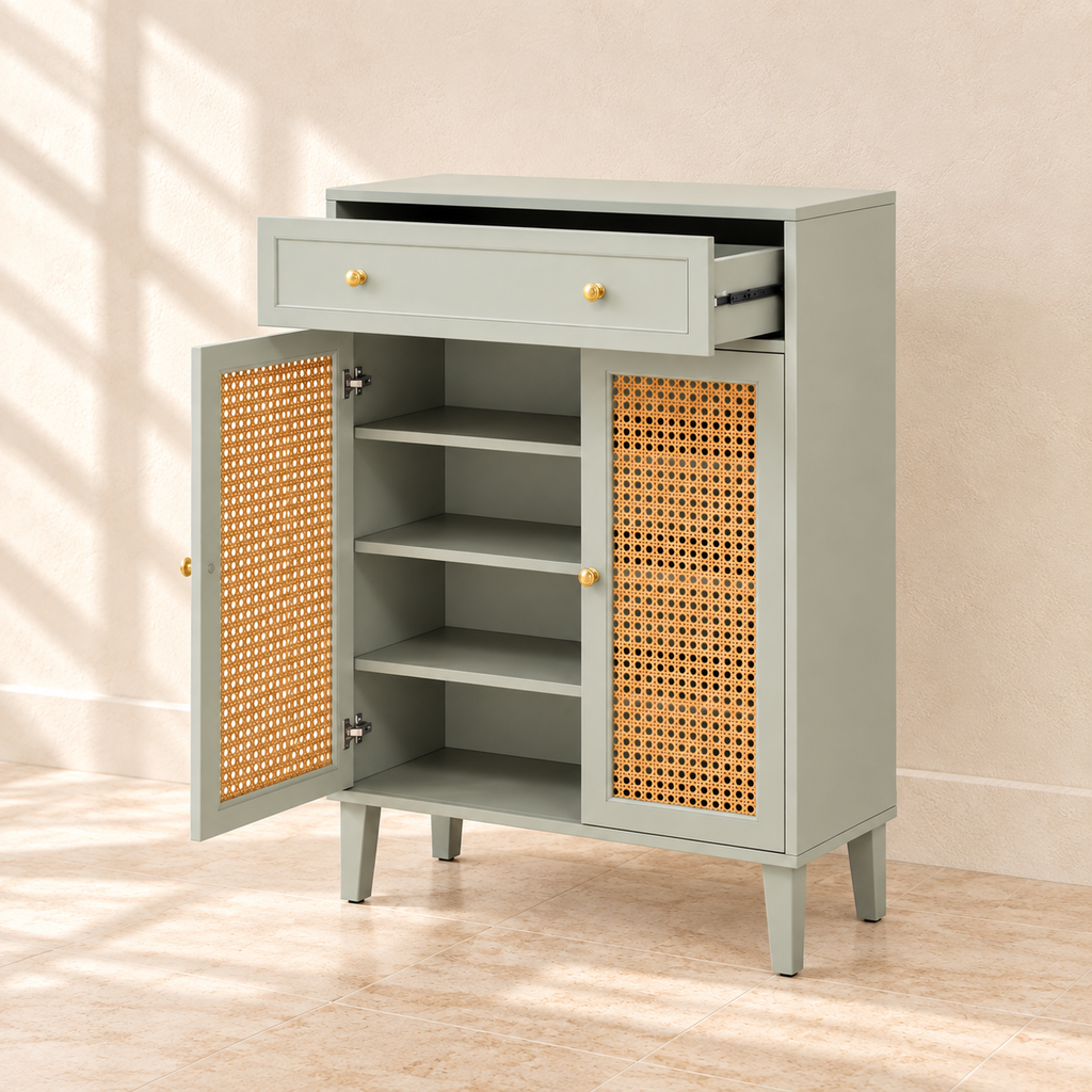 Fern cabinet with drawer and door open, showing adjustable interior shelves