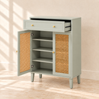 Fern cabinet with drawer and door open, showing adjustable interior shelves