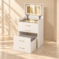 Iris white compact vanity with lighted flip-top mirror and matching gray-cushioned storage stool