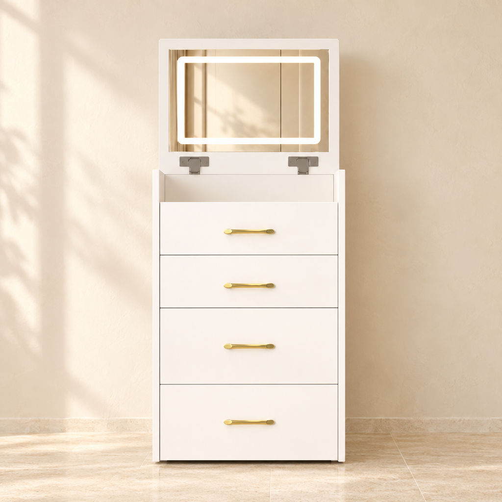 Front view of Iris vanity with the matching storage stool tucked flush underneath