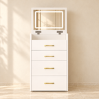 Front view of Iris vanity with the matching storage stool tucked flush underneath