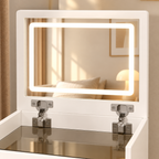 Iris lighted flip-top mirror with silver hinges and glass display surface