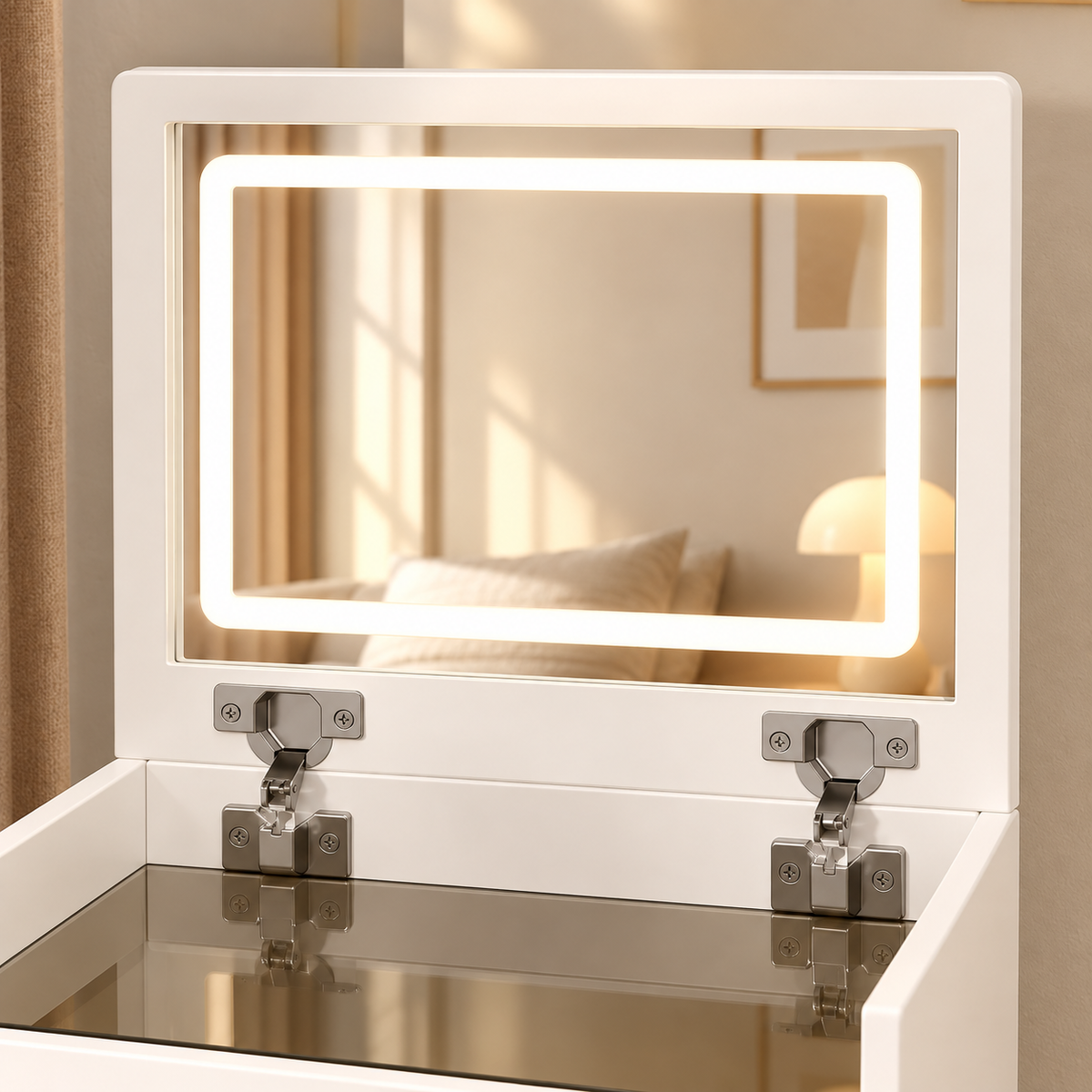 Iris lighted flip-top mirror with silver hinges and glass display surface