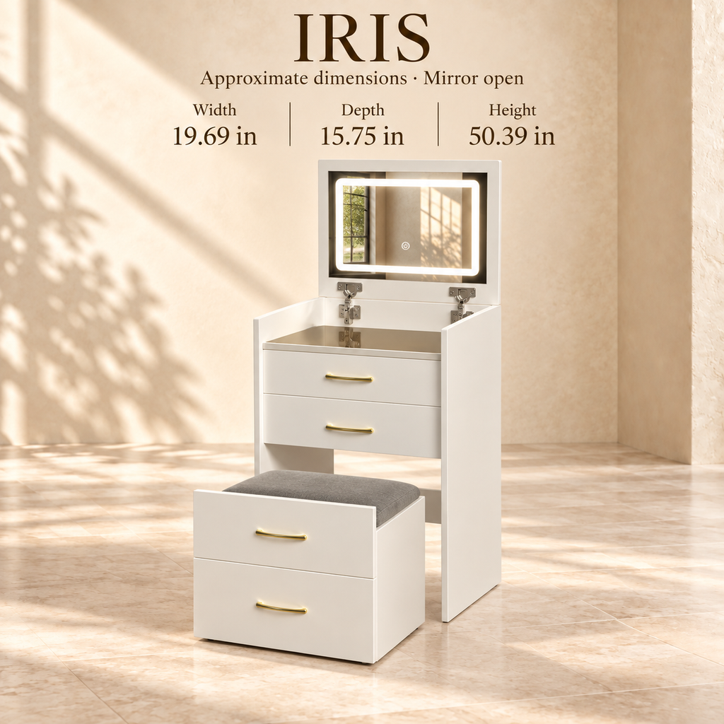 Iris vanity approximate dimensions with mirror open: 19.69 inches wide, 15.75 inches deep and 50.39 inches high