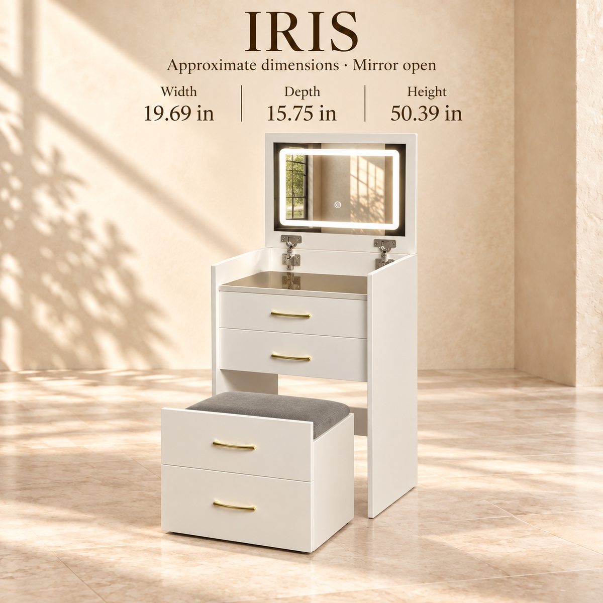 Iris vanity approximate dimensions with mirror open: 19.69 inches wide, 15.75 inches deep and 50.39 inches high