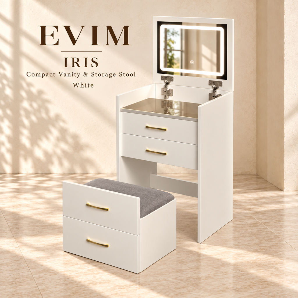 EVIM Iris compact white vanity and matching storage stool