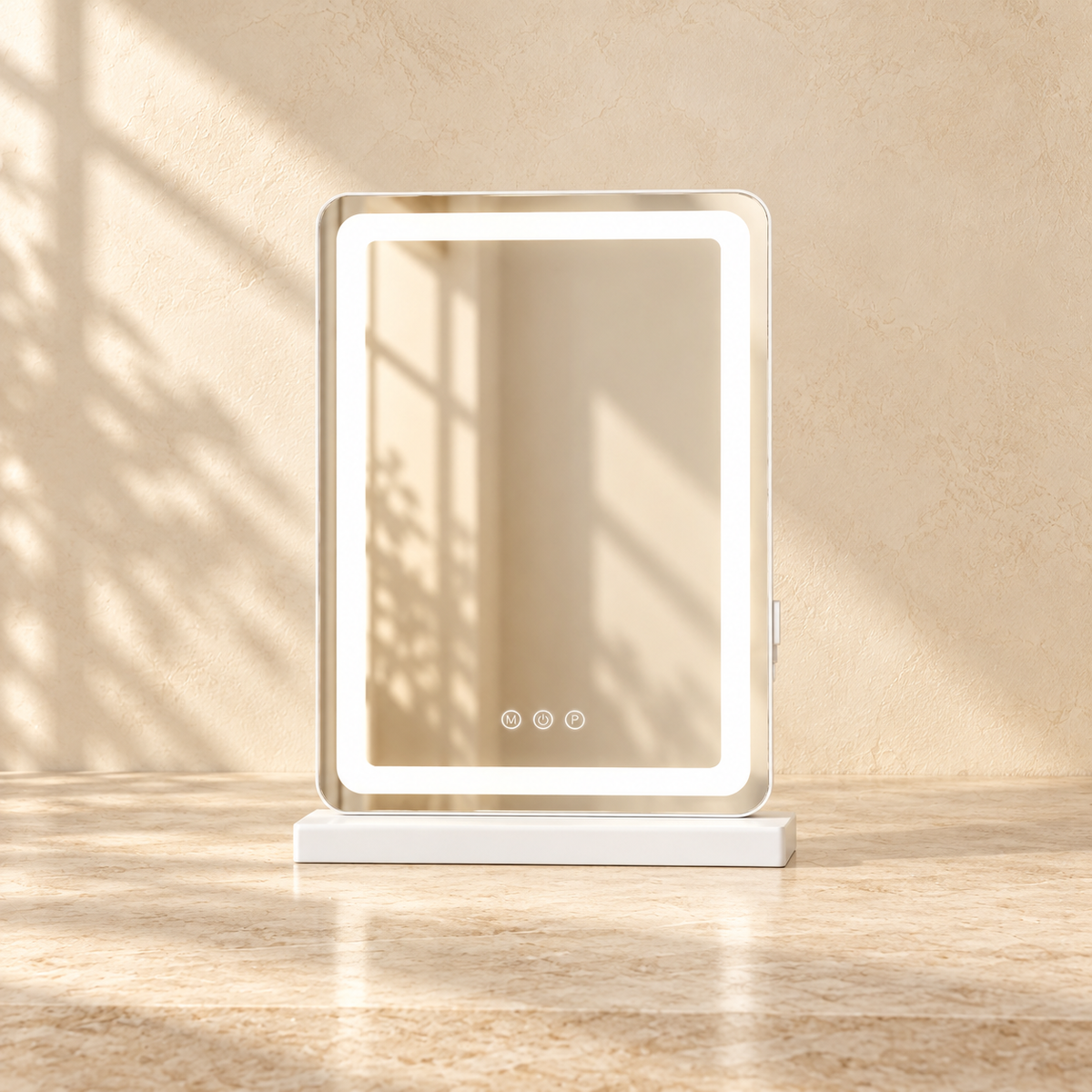 Lumi LED tabletop vanity mirror in the 13 x 17 size, styled on pale travertine