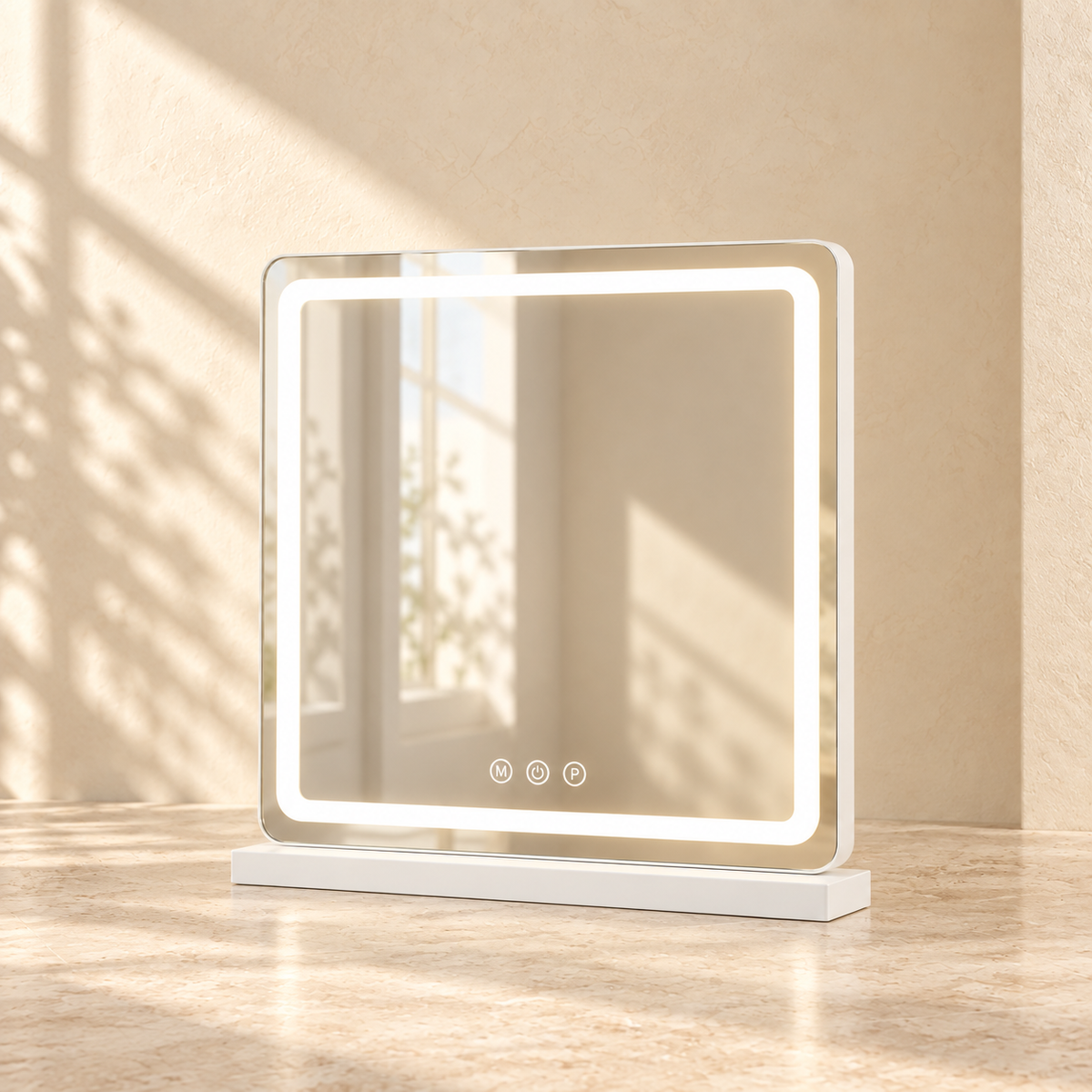 Lumi LED tabletop vanity mirror in the 19 x 22 size, angled view