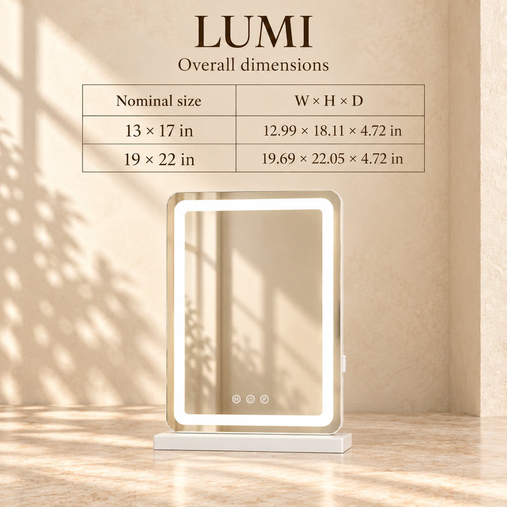 Lumi mirror overall dimensions for the 13 x 17 and 19 x 22 sizes