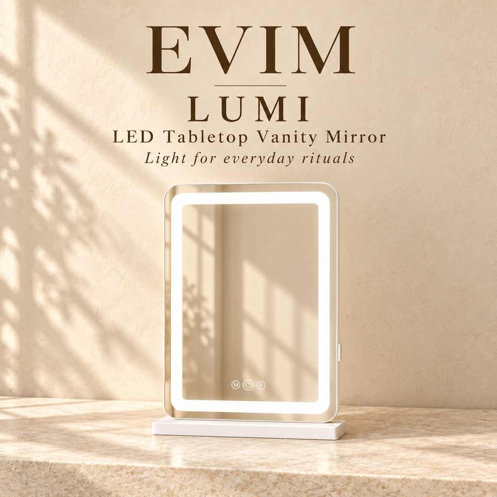 EVIM Lumi LED tabletop vanity mirror brand card