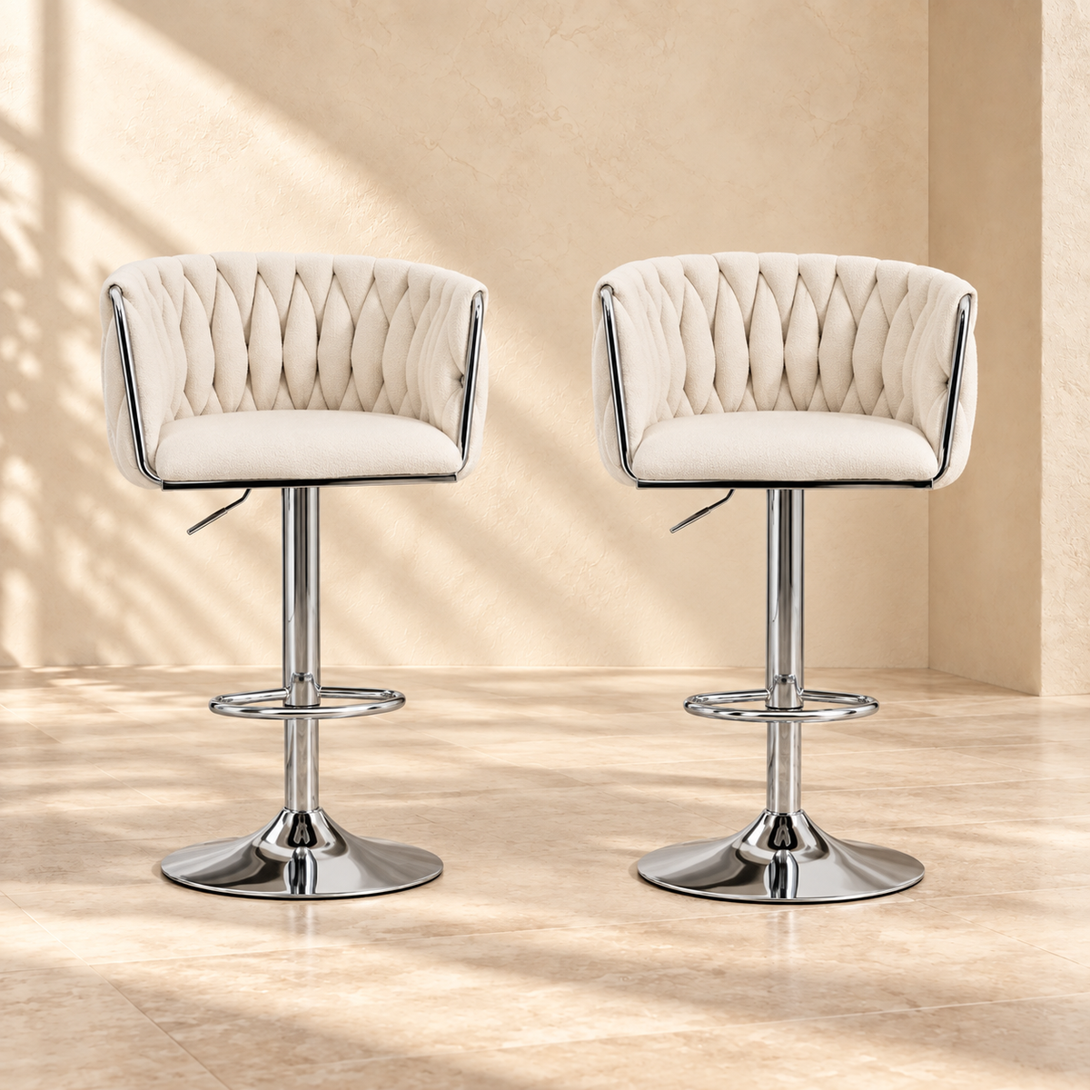 Lyra beige woven-back swivel bar stools with chrome bases, set of two
