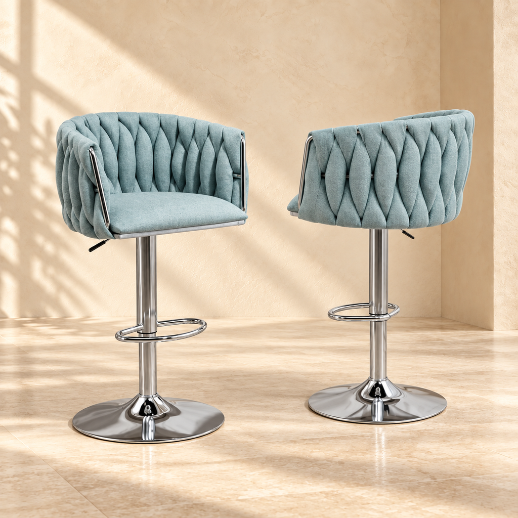 Lyra blue woven-back bar stools, front and rear views of the matching pair