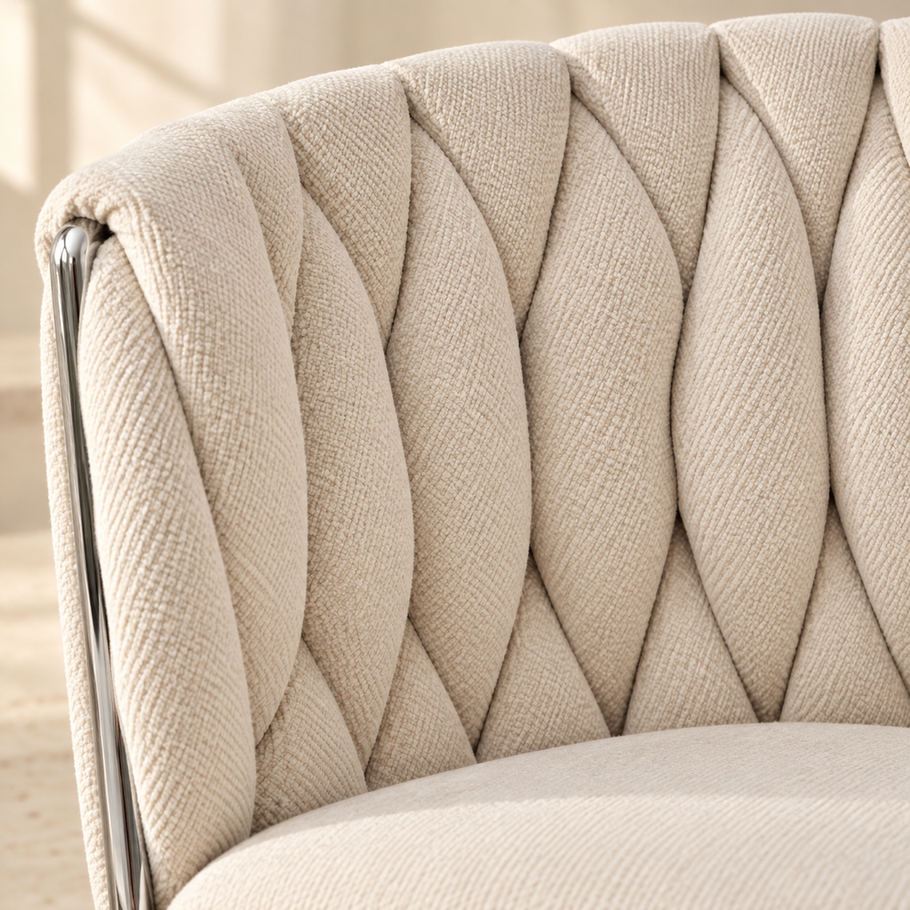 Close-up of Lyra beige woven fabric backrest and chrome support