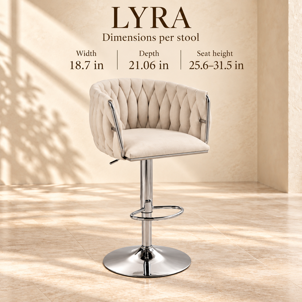 Lyra stool dimensions: 18.7 inches wide, 21.06 inches deep, seat height 25.6 to 31.5 inches