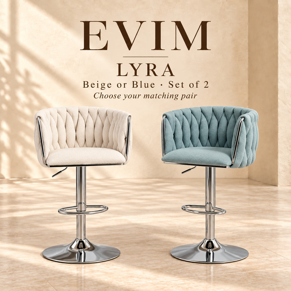 EVIM Lyra bar stools in beige or blue, sold as a matching set of two