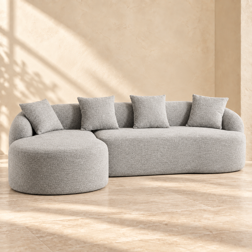 Milo light gray chenille modular chaise sofa with four pillows in an EVIM styled room