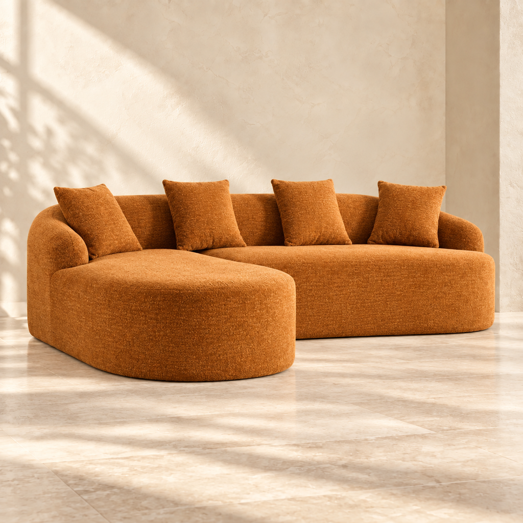 Milo orange chenille modular chaise sofa with rounded arms and four matching pillows