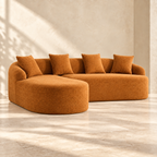 Milo orange chenille modular chaise sofa with rounded arms and four matching pillows