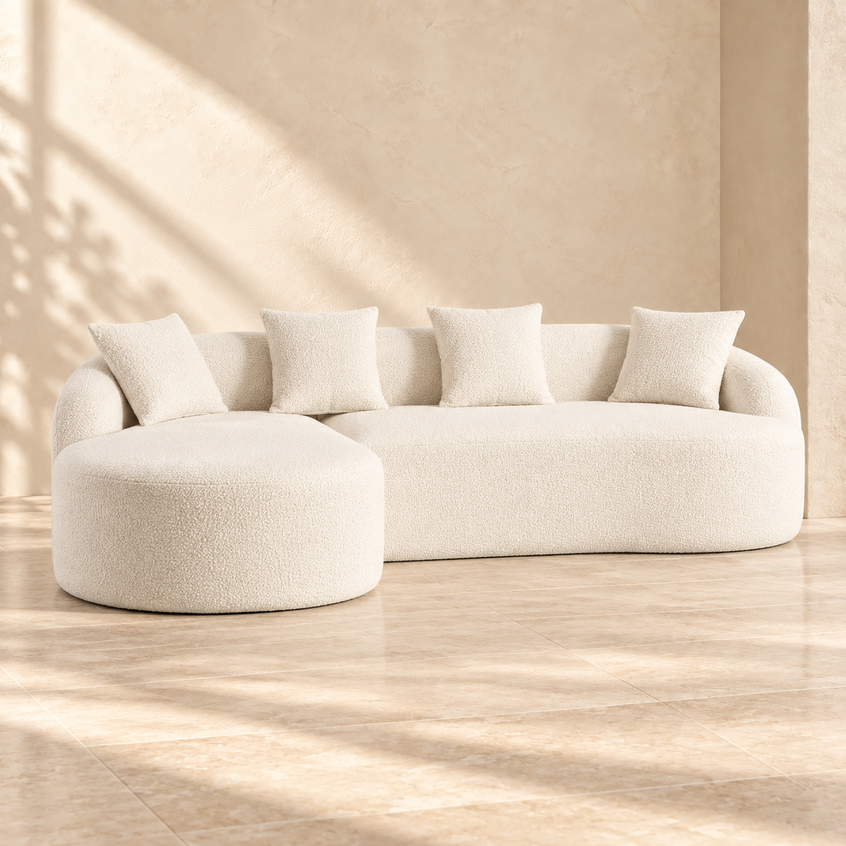 Milo white chenille modular chaise sofa with left-facing chaise and four pillows