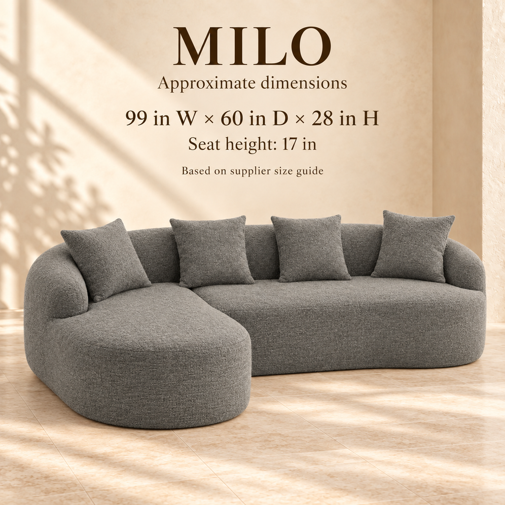 Milo approximate size guide: 99 inches wide, 60 inches deep, 28 inches high, with 17-inch seat height