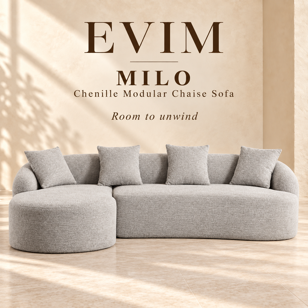 EVIM Milo chenille modular chaise sofa brand card in warm neutral tones