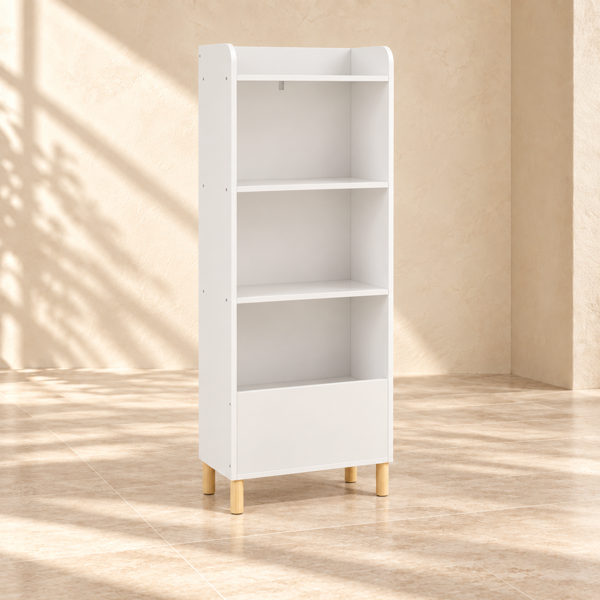Mira four-tier white bookcase with pine legs in a warm cream interior