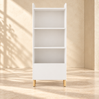 Straight-on view of the Mira four-tier bookcase with open shelves and a deep lower bin