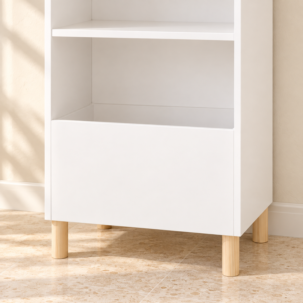 Mira bookcase lower open storage bin with a tall front panel